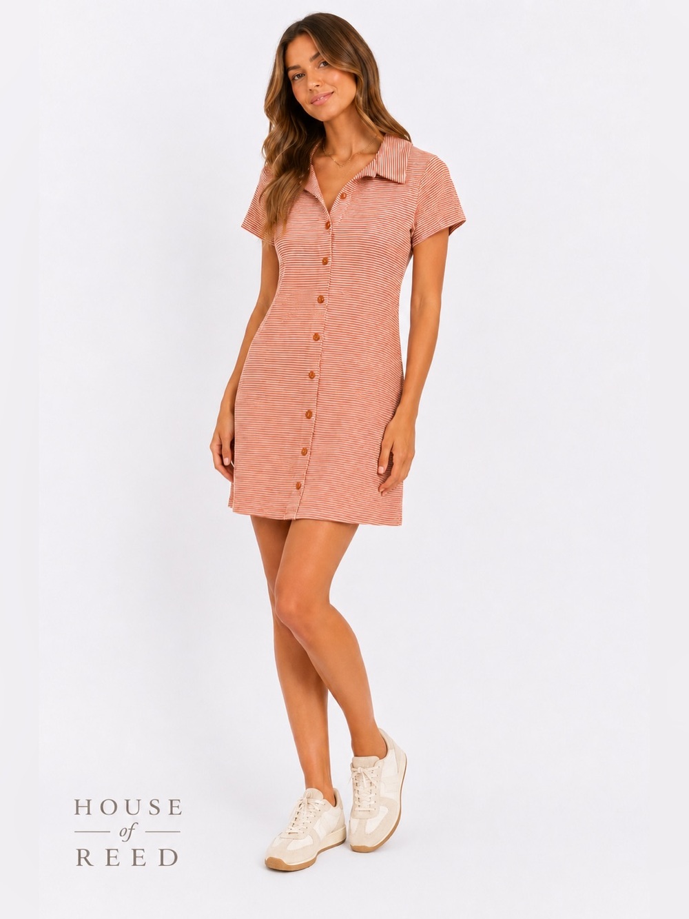 Garage Stripe Button Front Mini Dress Women’s SP Orange White Collar